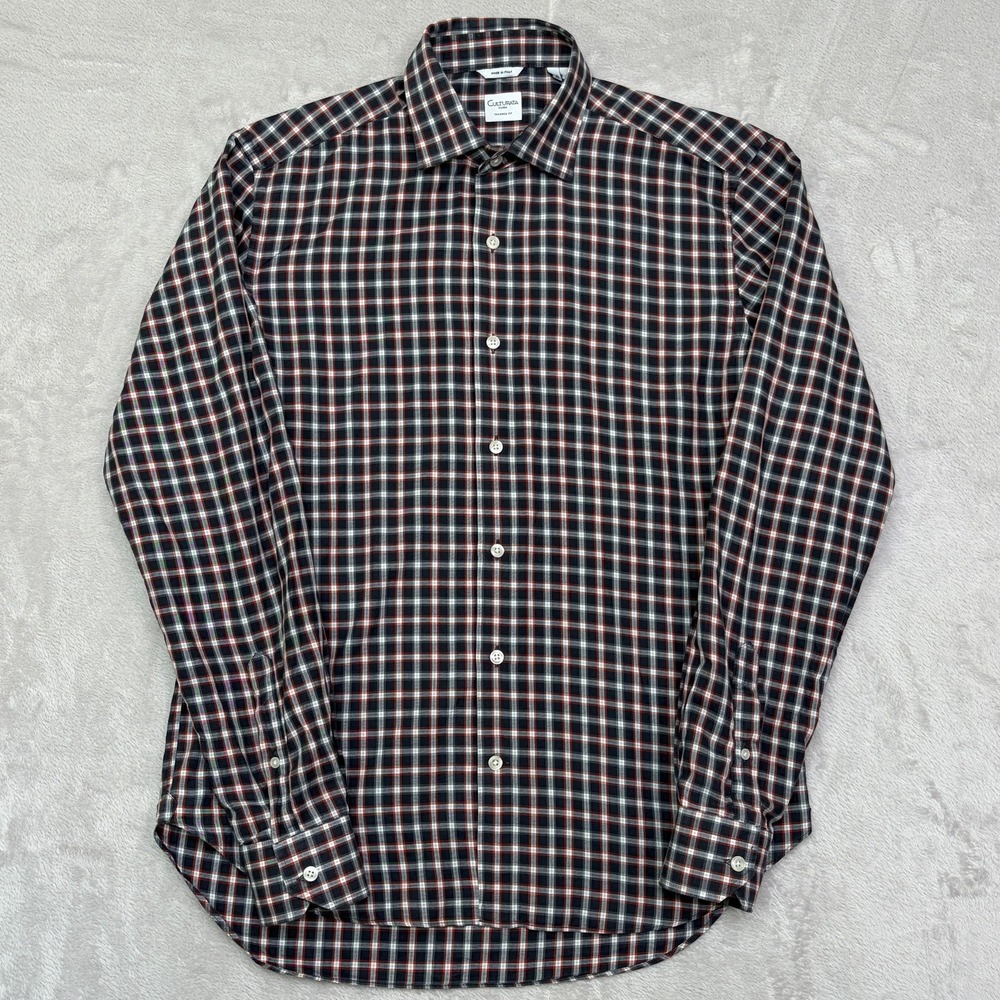 Culturata Roma Tailored Fit Spread Collar Plaid Shirt 40/15 3/4 M Made in Italy